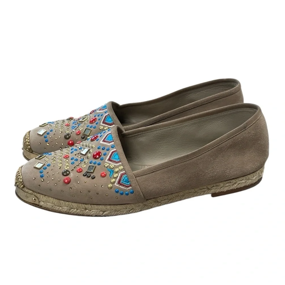 Giuseppe Zanotti Suede Beaded Studded Espadrille Loafer Flats Sz 41